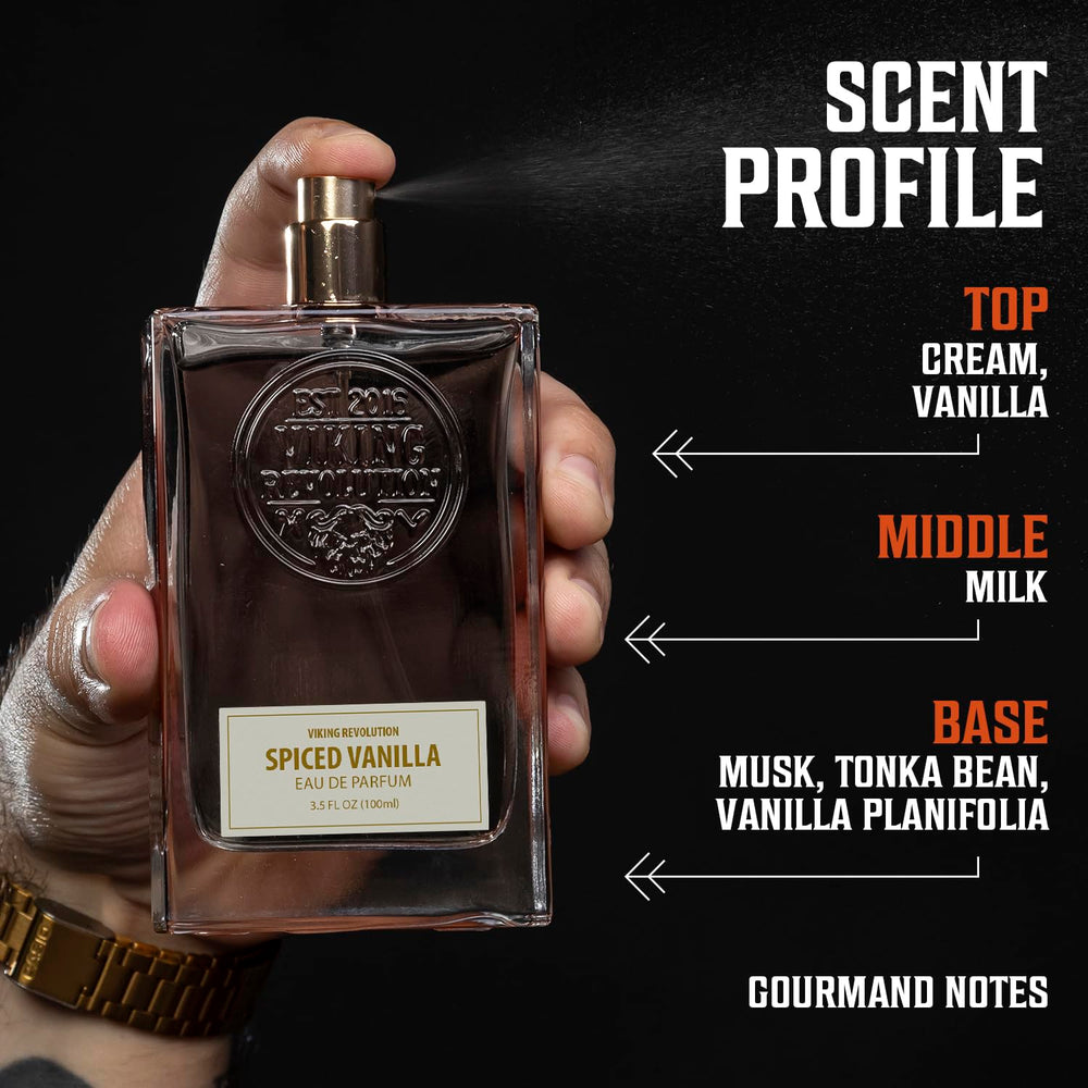 Viking Revolution Spiced Vanilla Cologne label detail showing gourmand musk and vanilla.
