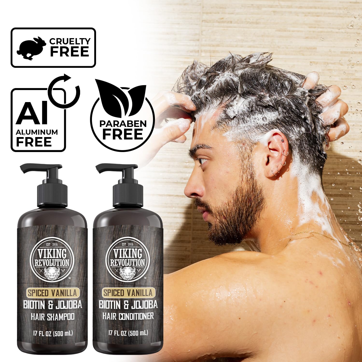 Close-up of Viking Revolution Spiced Vanilla Shampoo and Conditioner Set.