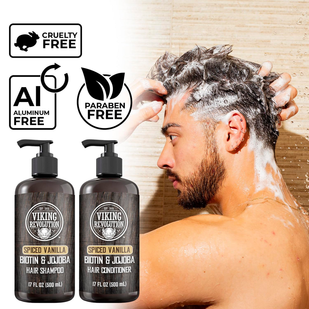 Close-up of Viking Revolution Spiced Vanilla Shampoo and Conditioner Set.