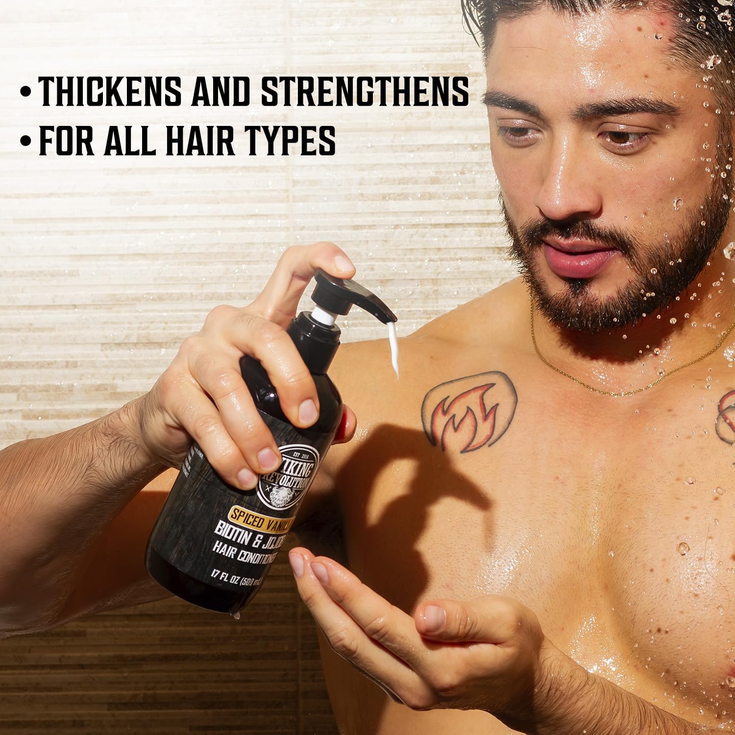 Viking Revolution Sweet Tobacco conditioner bottle with pump for smoother detangling.