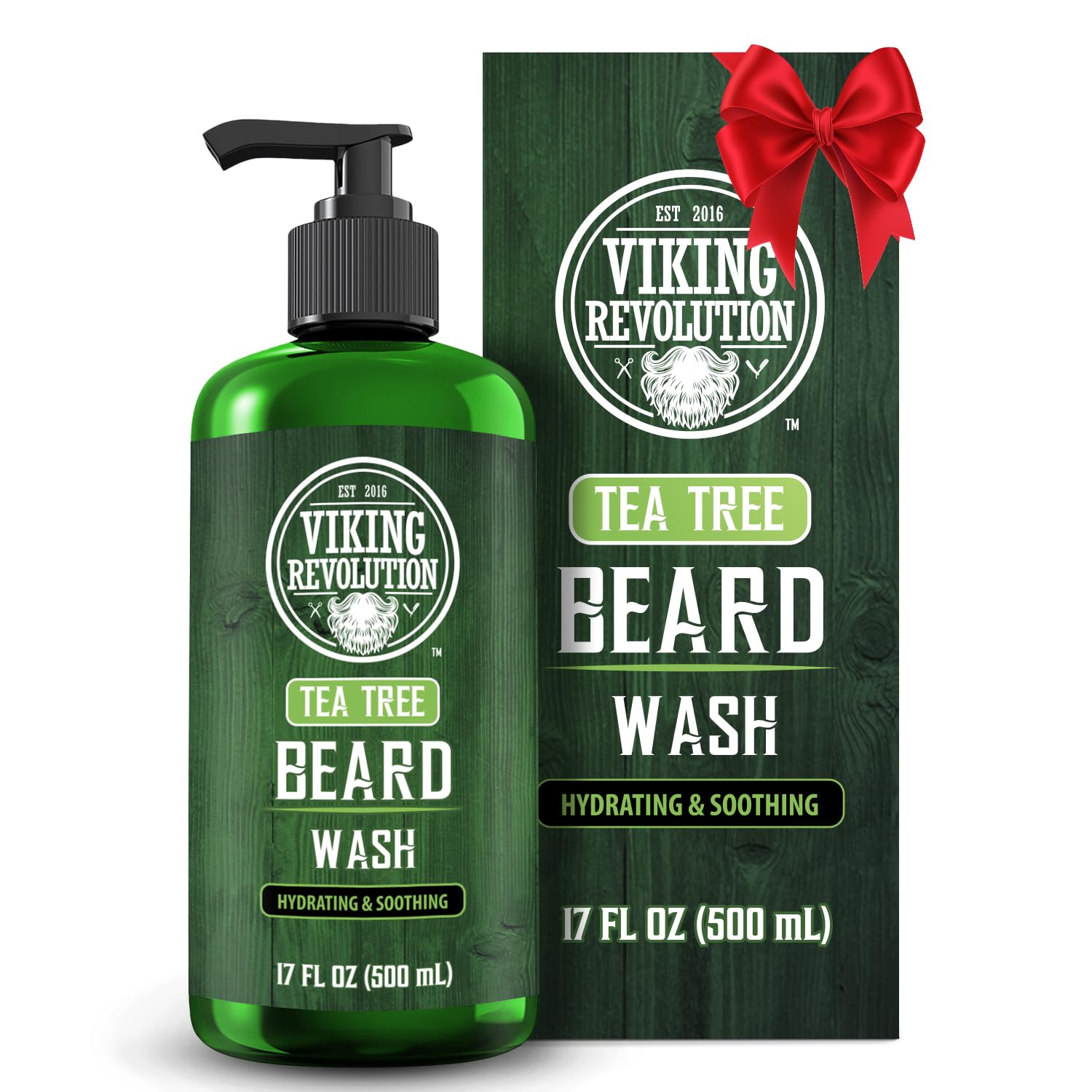 Viking Revolution Tea Tree Beard Wash bottle front view for refreshing beard care routine.