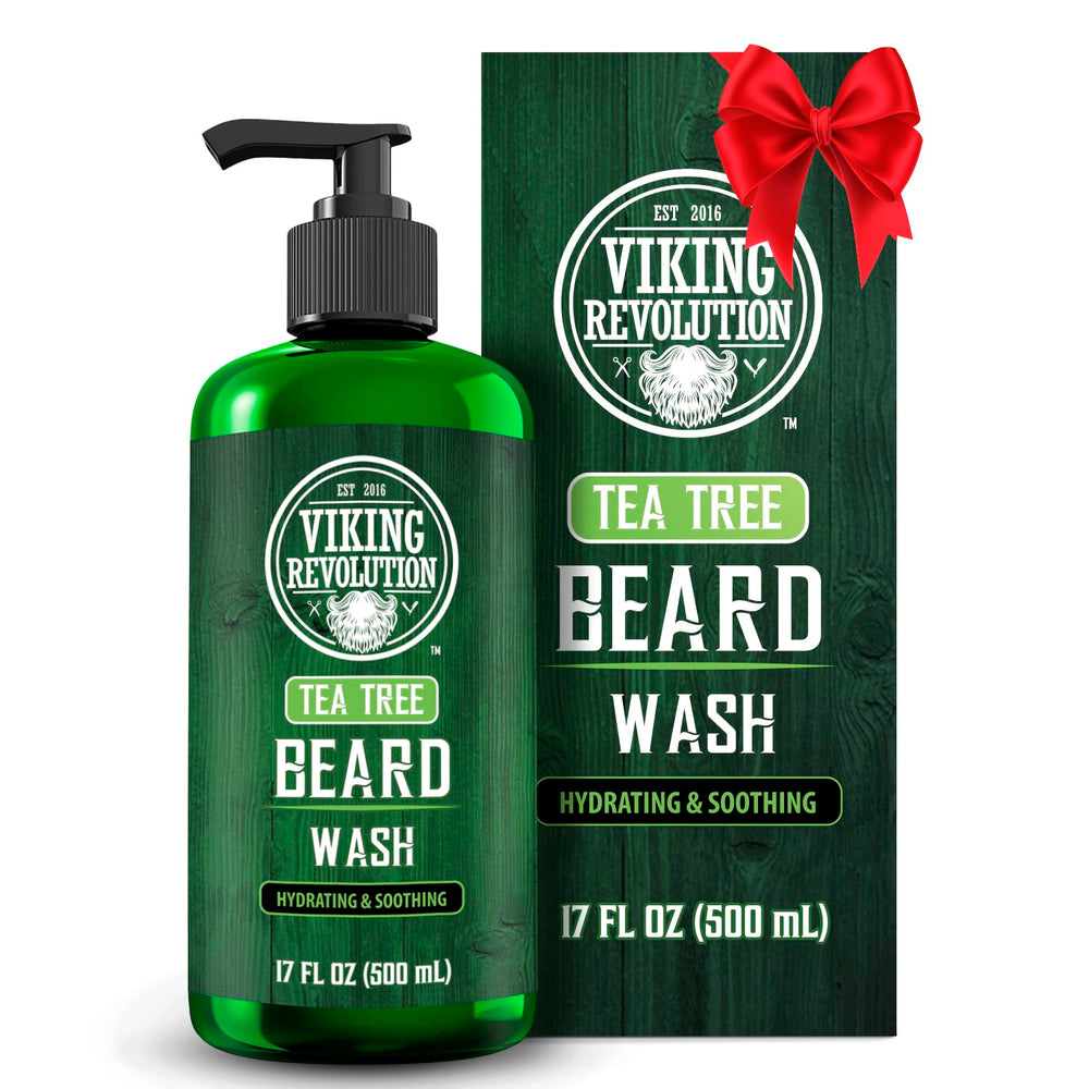 Viking Revolution Tea Tree Beard Wash bottle front view for refreshing beard care routine.