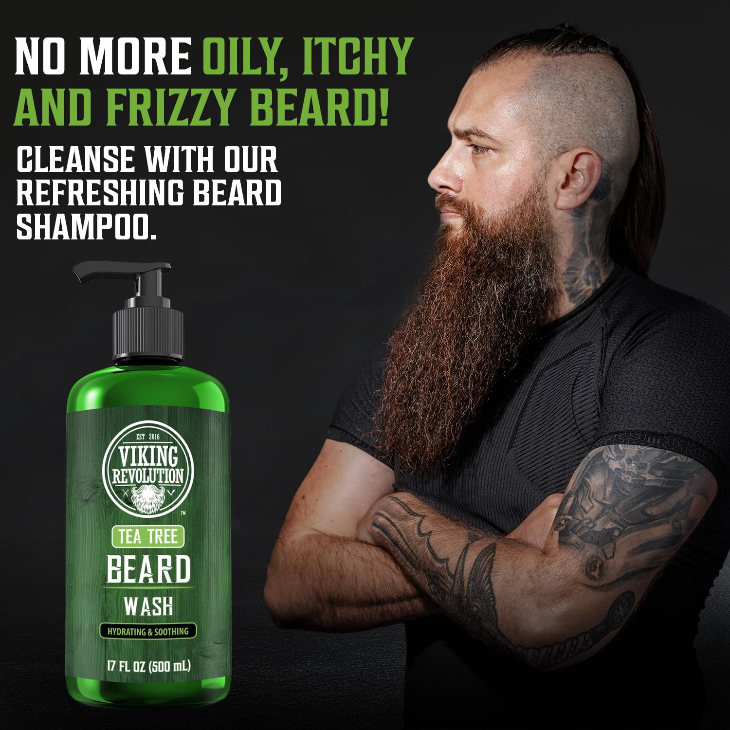 Viking Revolution Tea Tree Beard Wash ingredients highlight argan oil and ginseng for moisture.