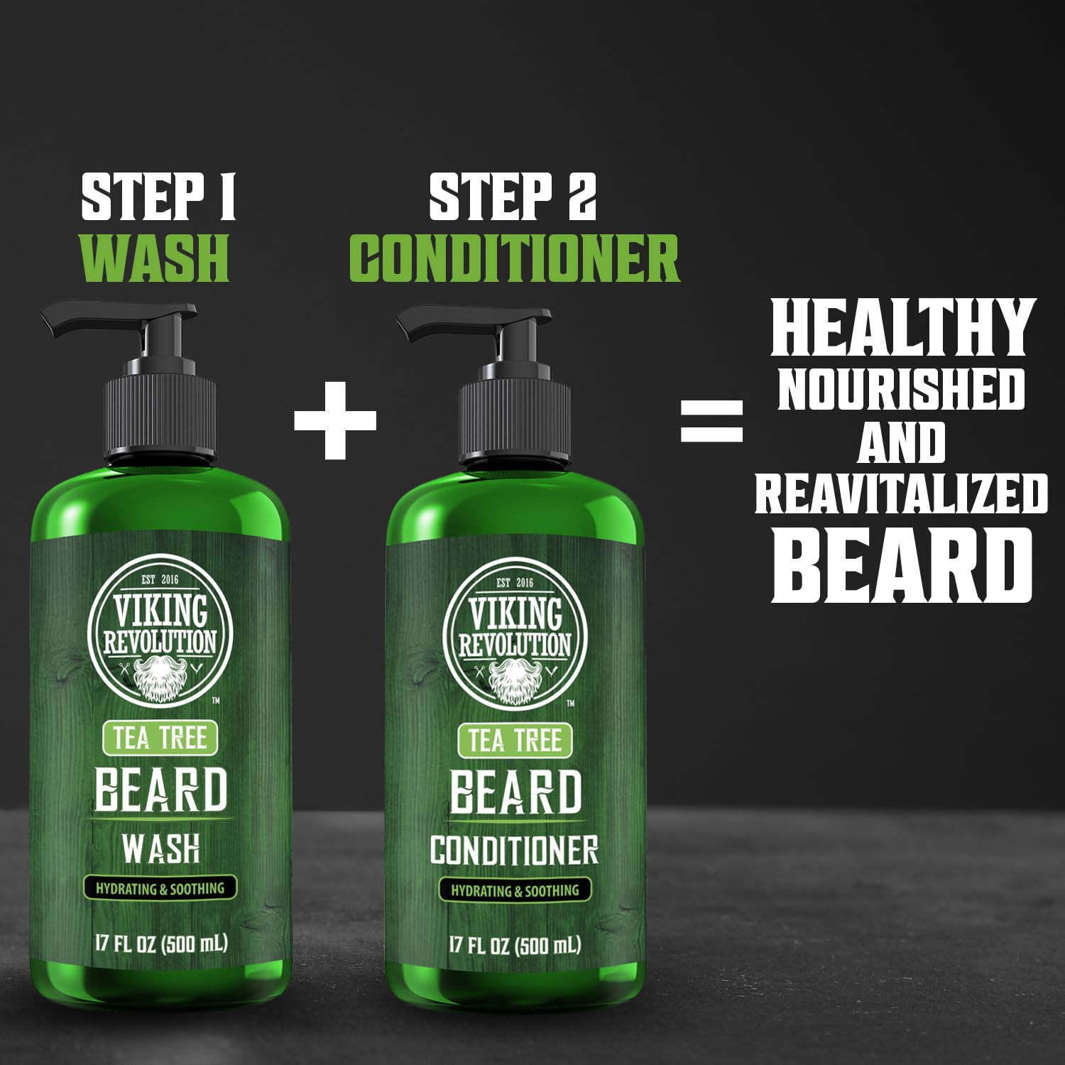 Viking Revolution Tea Tree Beard Wash packaging showing beard care benefits.