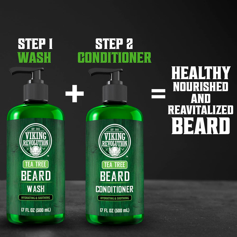 Viking Revolution Tea Tree Beard Wash packaging showing beard care benefits.