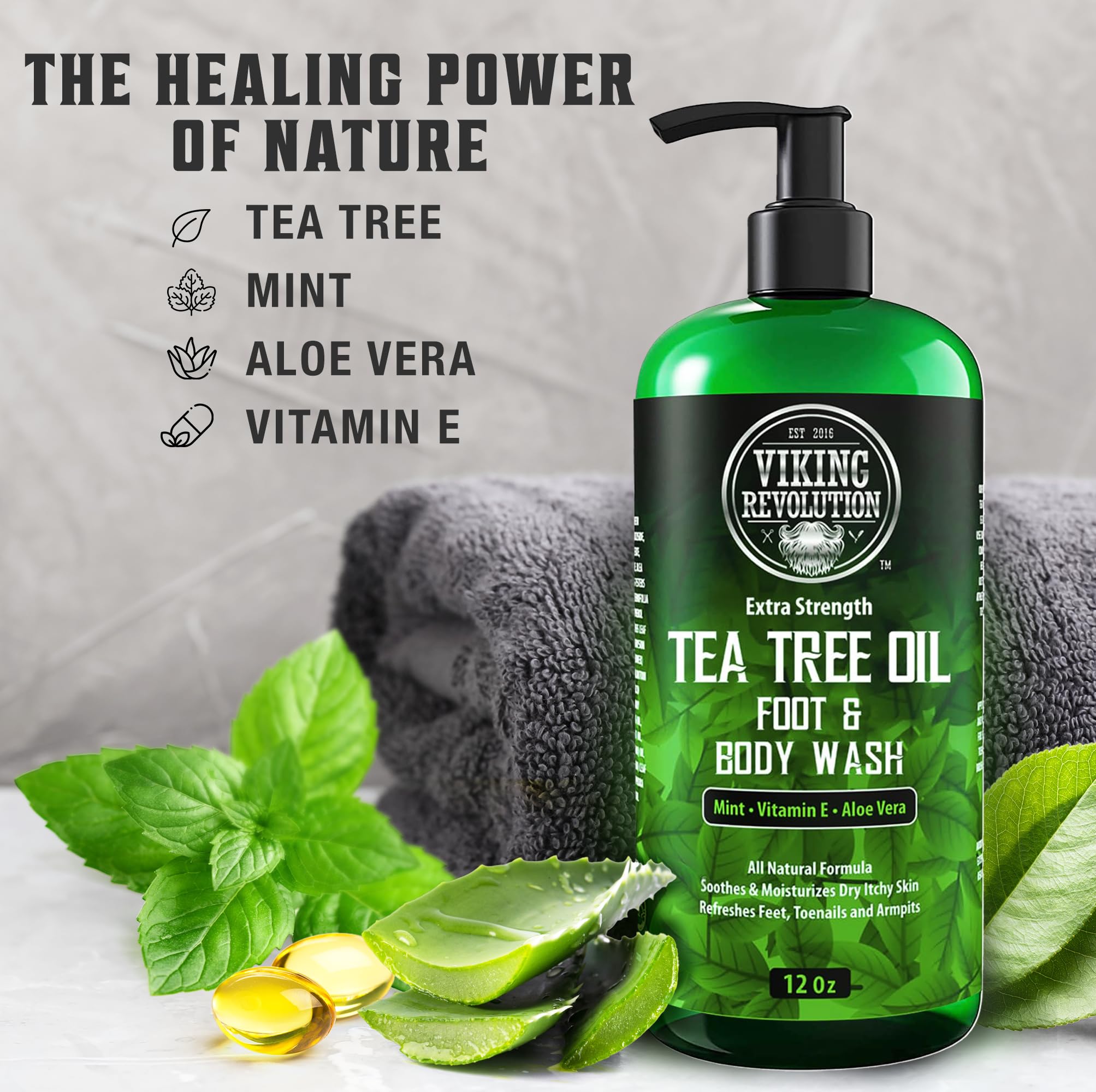 Viking Revolution Body Wash with loofah demonstrating rich lather