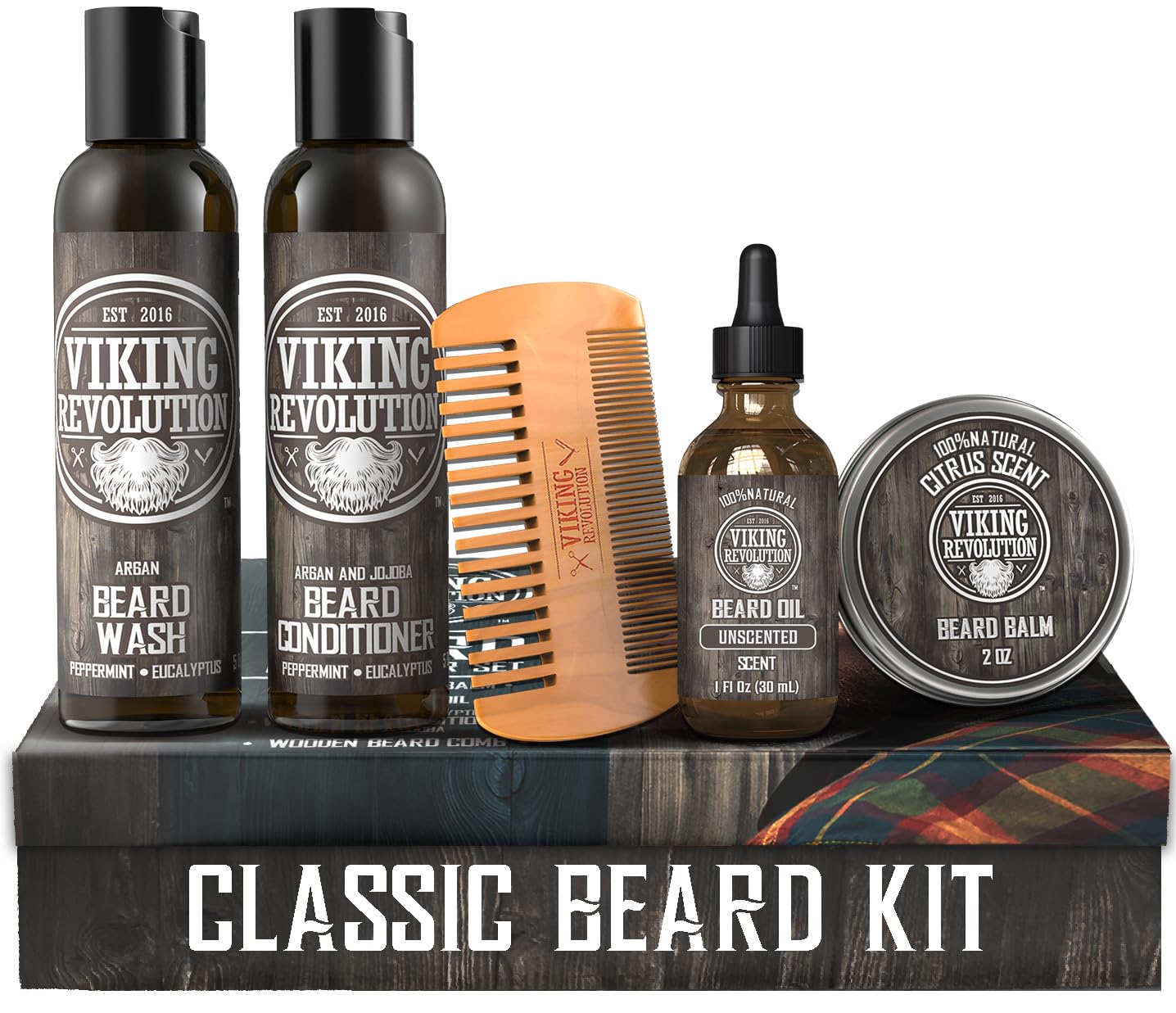 Viking Revolution ultimate grooming kit displayed for complete beard care routine.