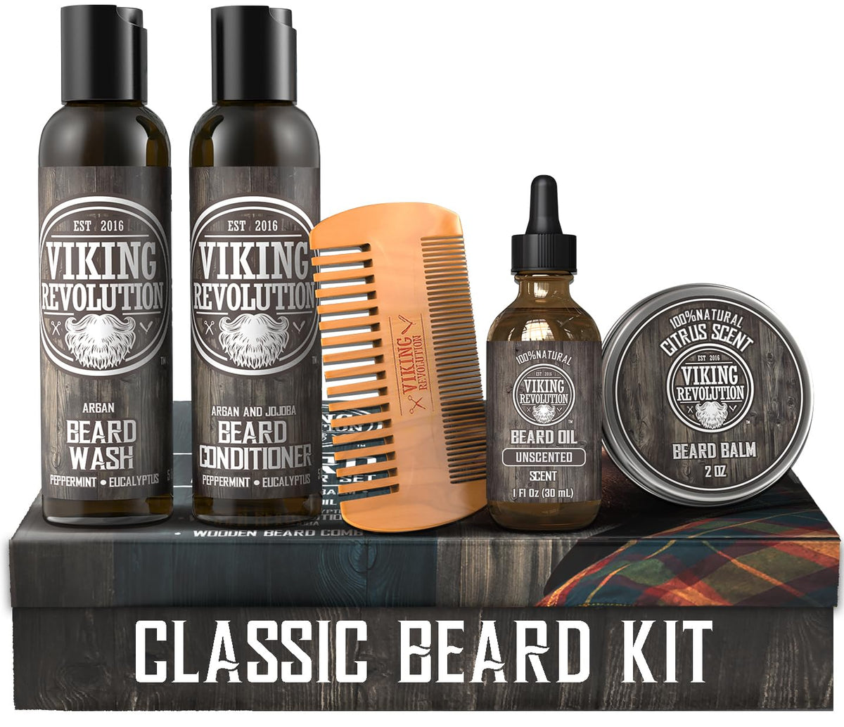 Viking Revolution ultimate grooming kit displayed for complete beard care routine.