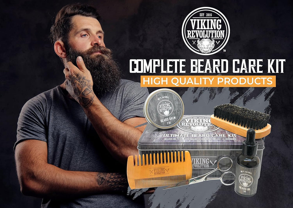 Viking Revolution beard balm tin helps smooth and shape facial hair.