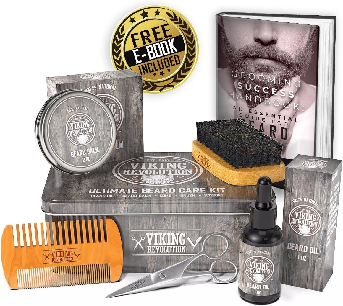 Viking Revolution gift box packaging showcases travel-friendly beard care set.