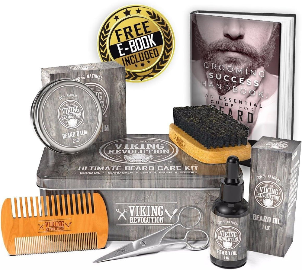 Viking Revolution gift box packaging showcases travel-friendly beard care set.