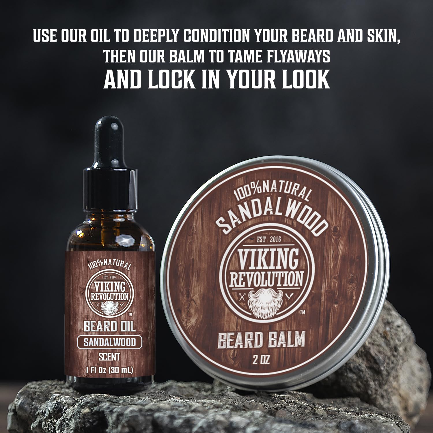 Viking Revolution Ultimate Conditioner beard balm sandalwood stick for tame flyaways and shine.