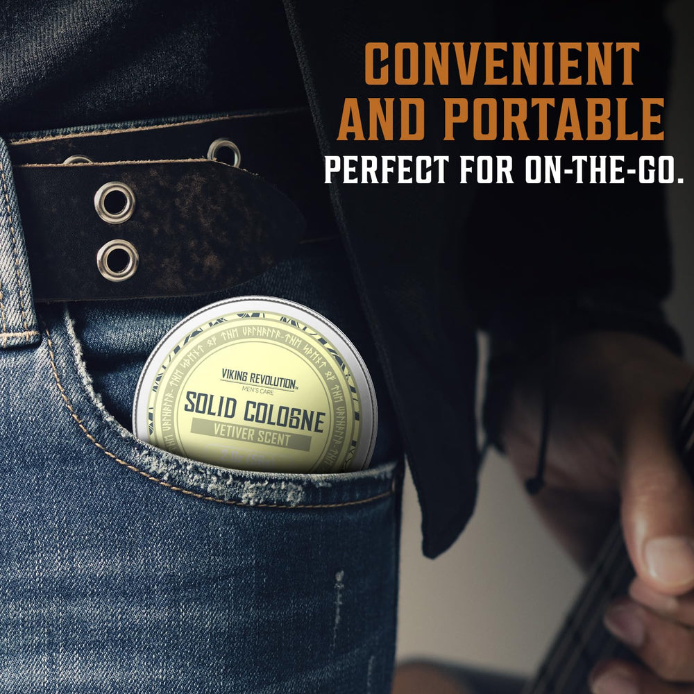 Viking Revolution Vetiver solid cologne gift-packaging highlights thoughtful gifting option.