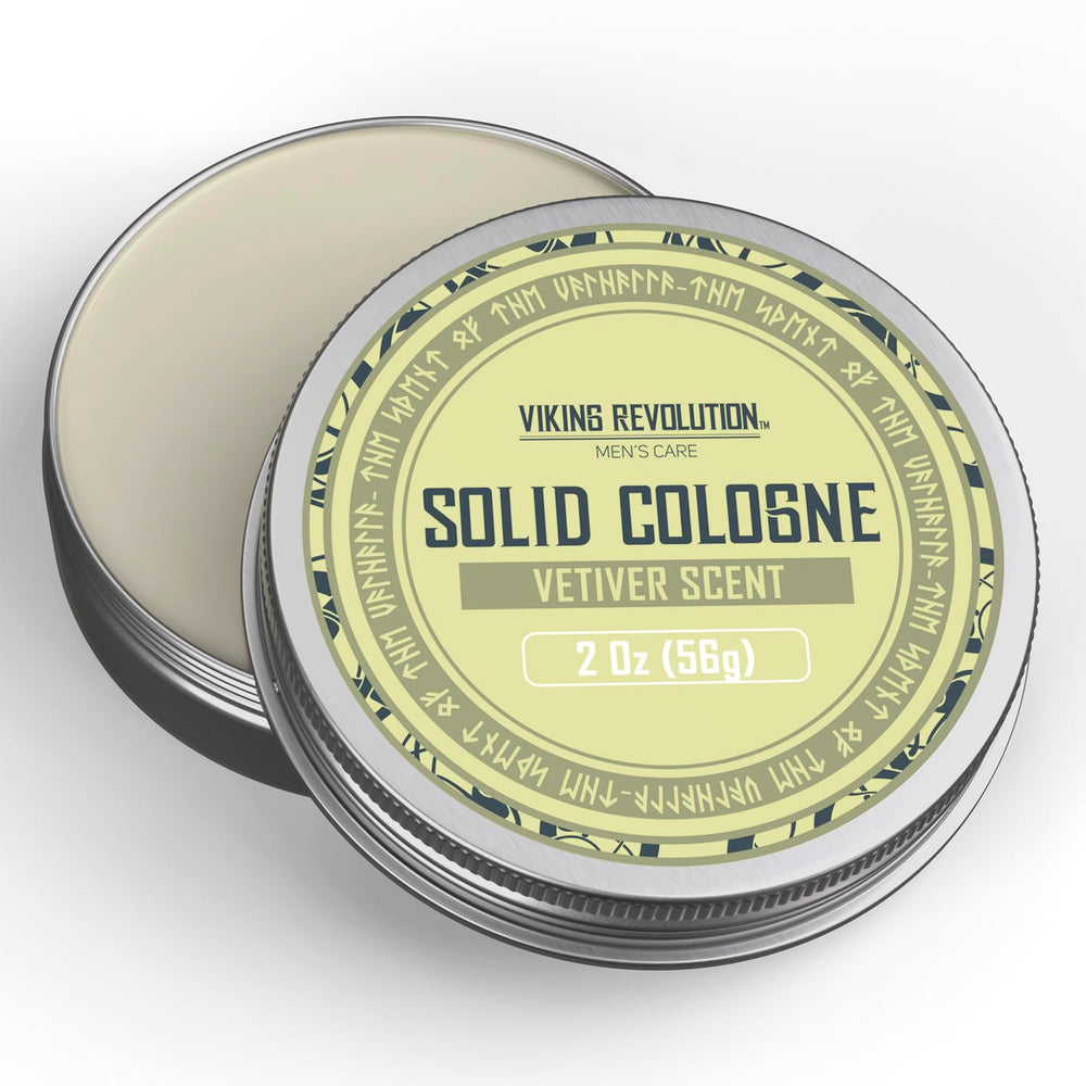 Viking Revolution Vetiver solid cologne ingredients list notes natural waxes and oils.