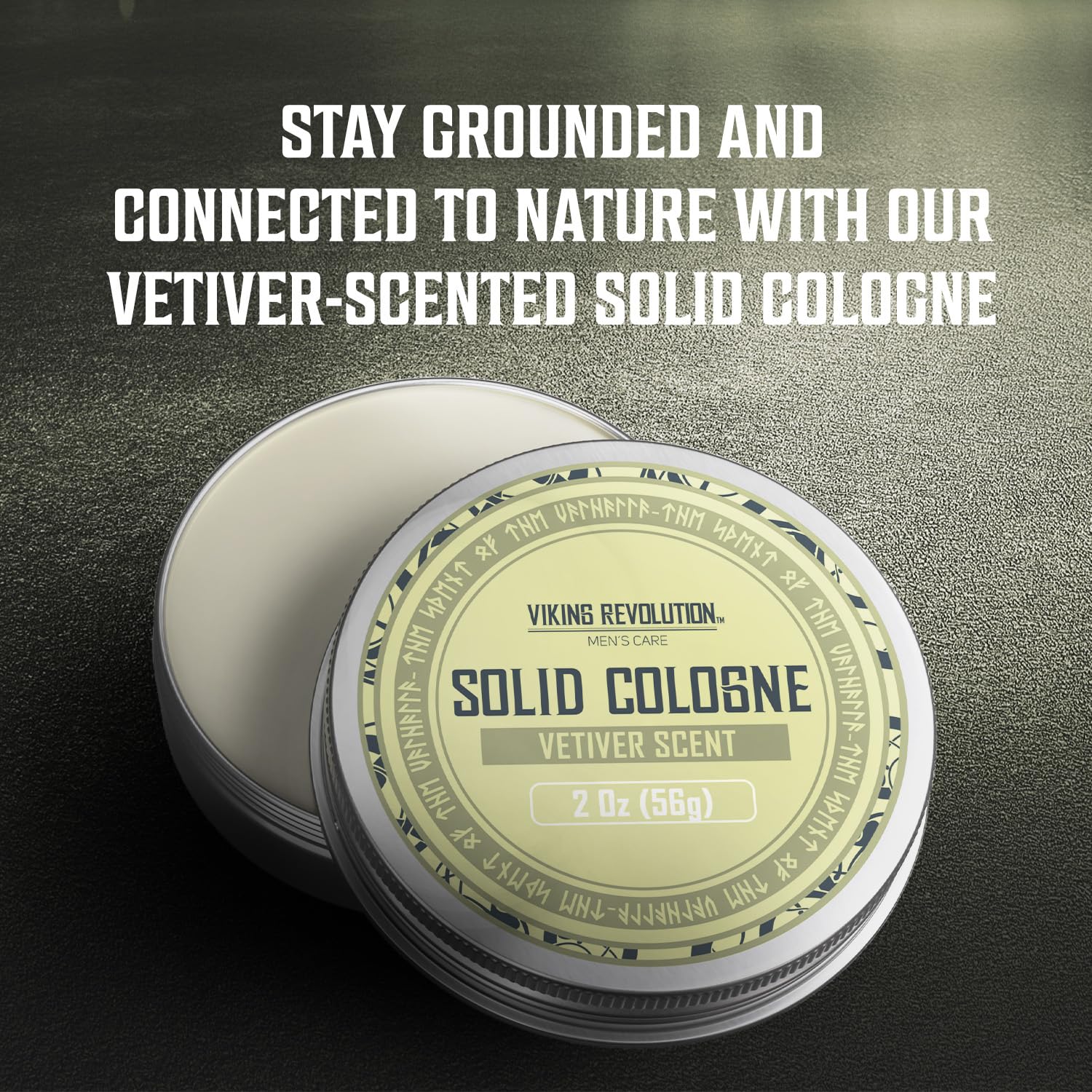 Viking Revolution Vetiver solid cologne packaging presentation appears premium and gift-ready.