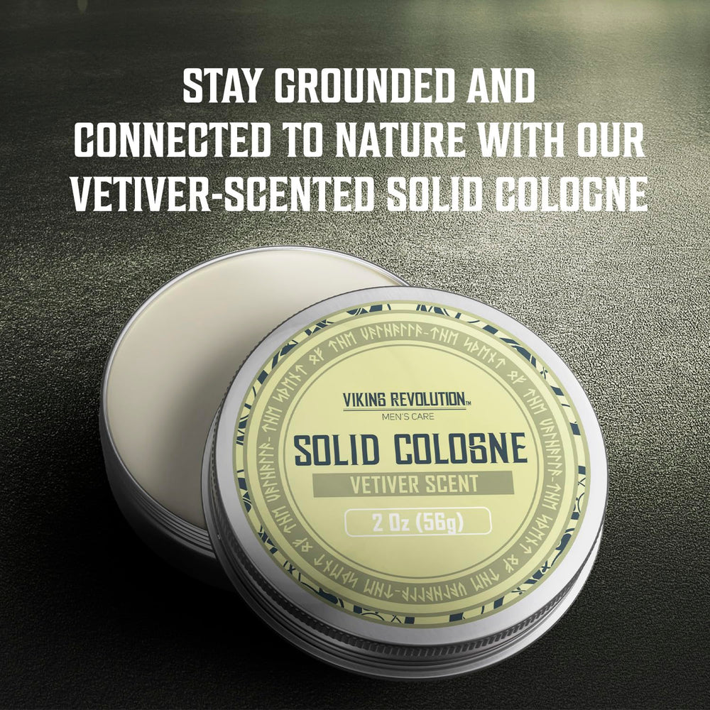 Viking Revolution Vetiver solid cologne packaging presentation appears premium and gift-ready.