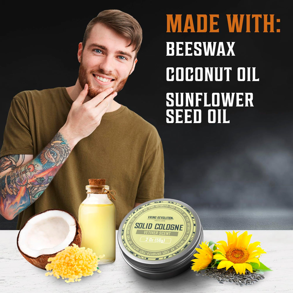 Viking Revolution Vetiver solid cologne woody-earthy scent suits all-day wear.