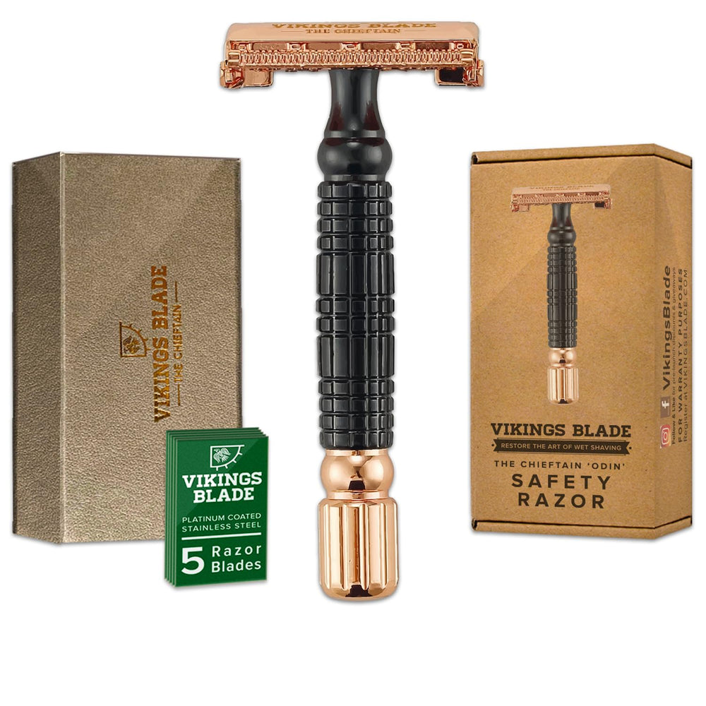 Vikings Blade Chieftain Odin safety razor close-up for premium close shave