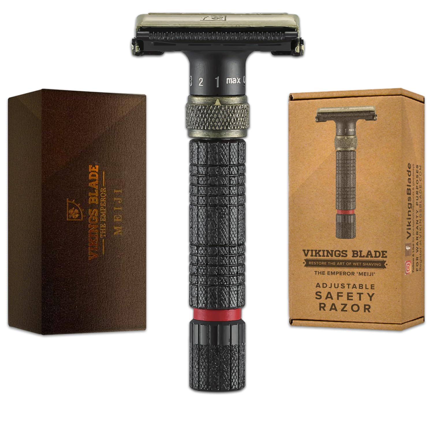 Vikings Blade Emperor Meiji razor close-up showing premium metal construction for durable shaving