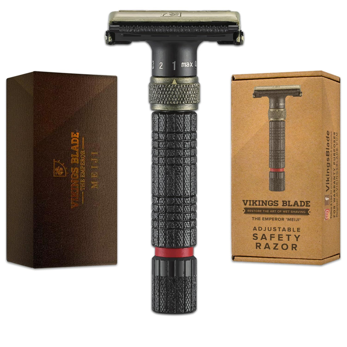 Vikings Blade Emperor Meiji razor close-up showing premium metal construction for durable shaving