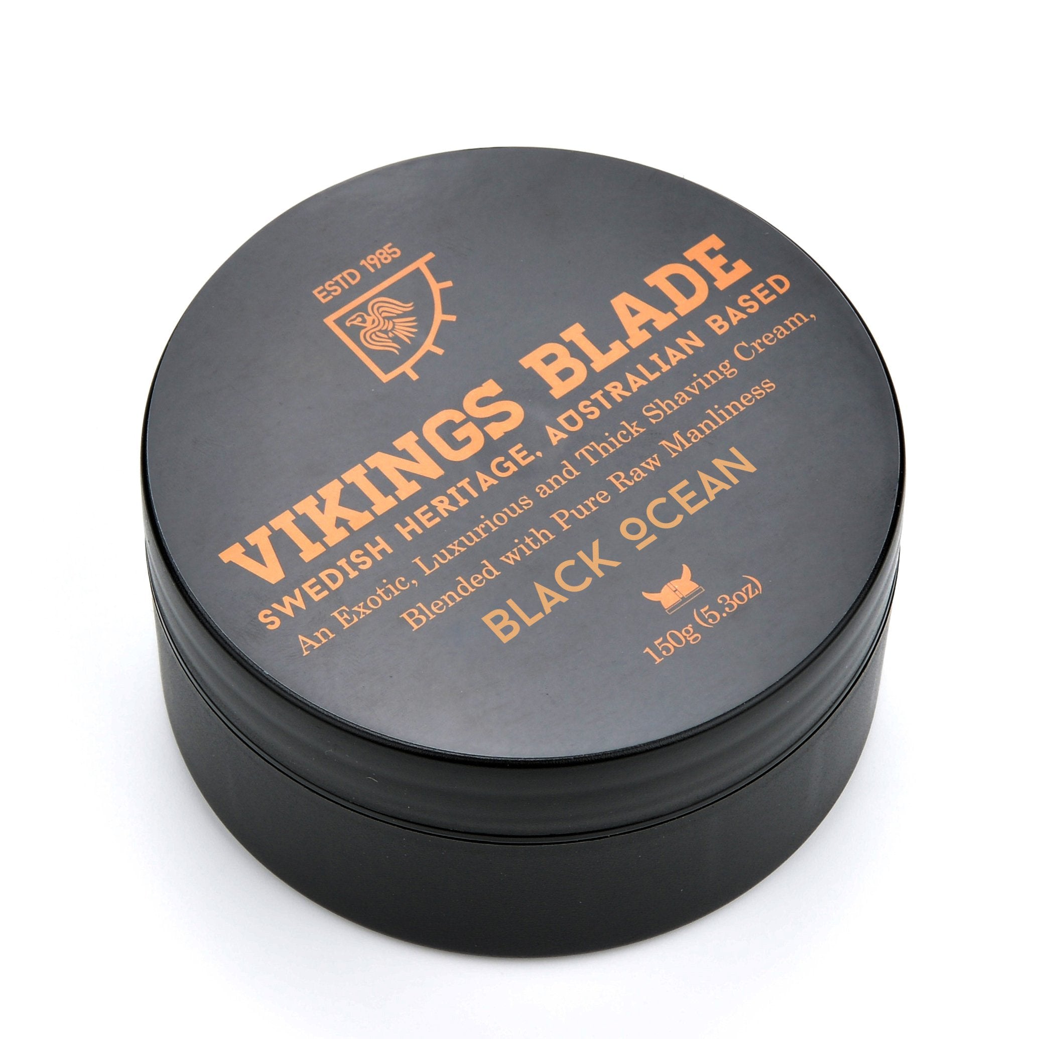 Vikings Blade Luxury Shaving Cream bottle highlights the Black Ocean scent for premium grooming.