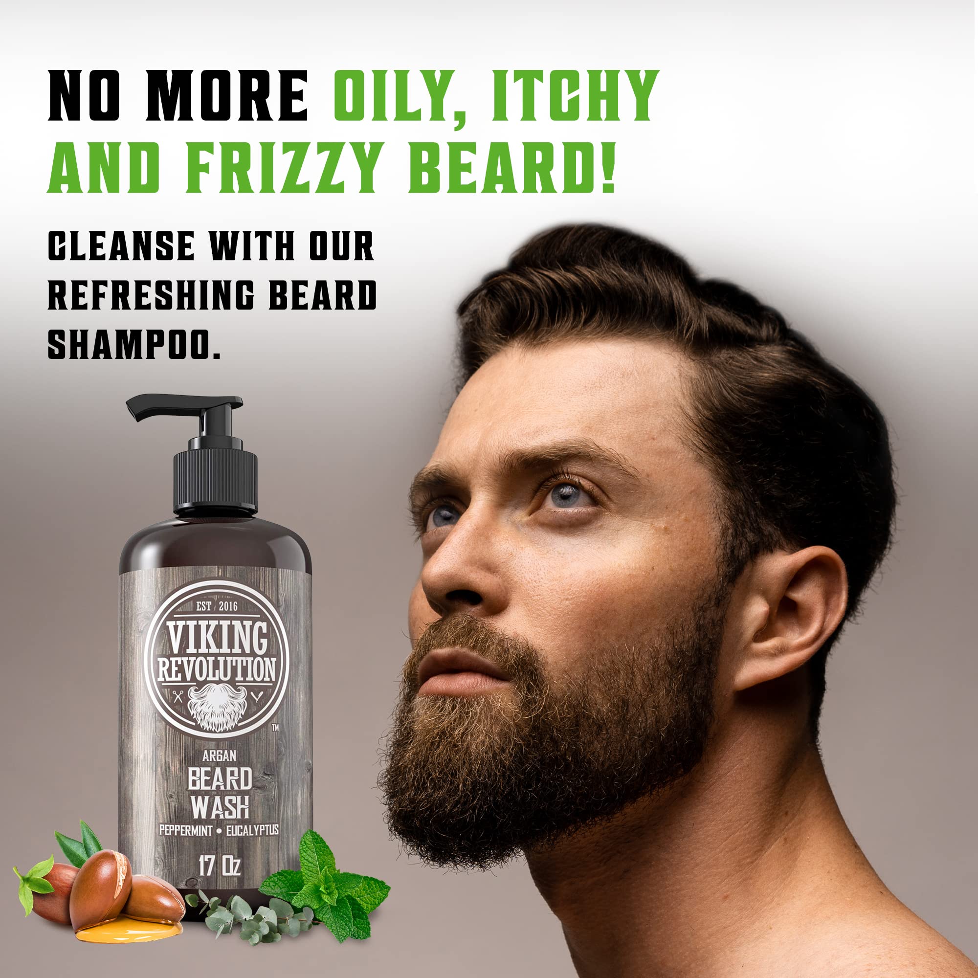 Viking Revolution beard conditioner jar application illustrates detangling and smoothing for easier grooming.