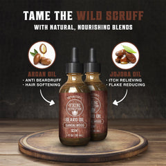 Viking Revolution beard-softener sandalwood formula nourishes facial hair.