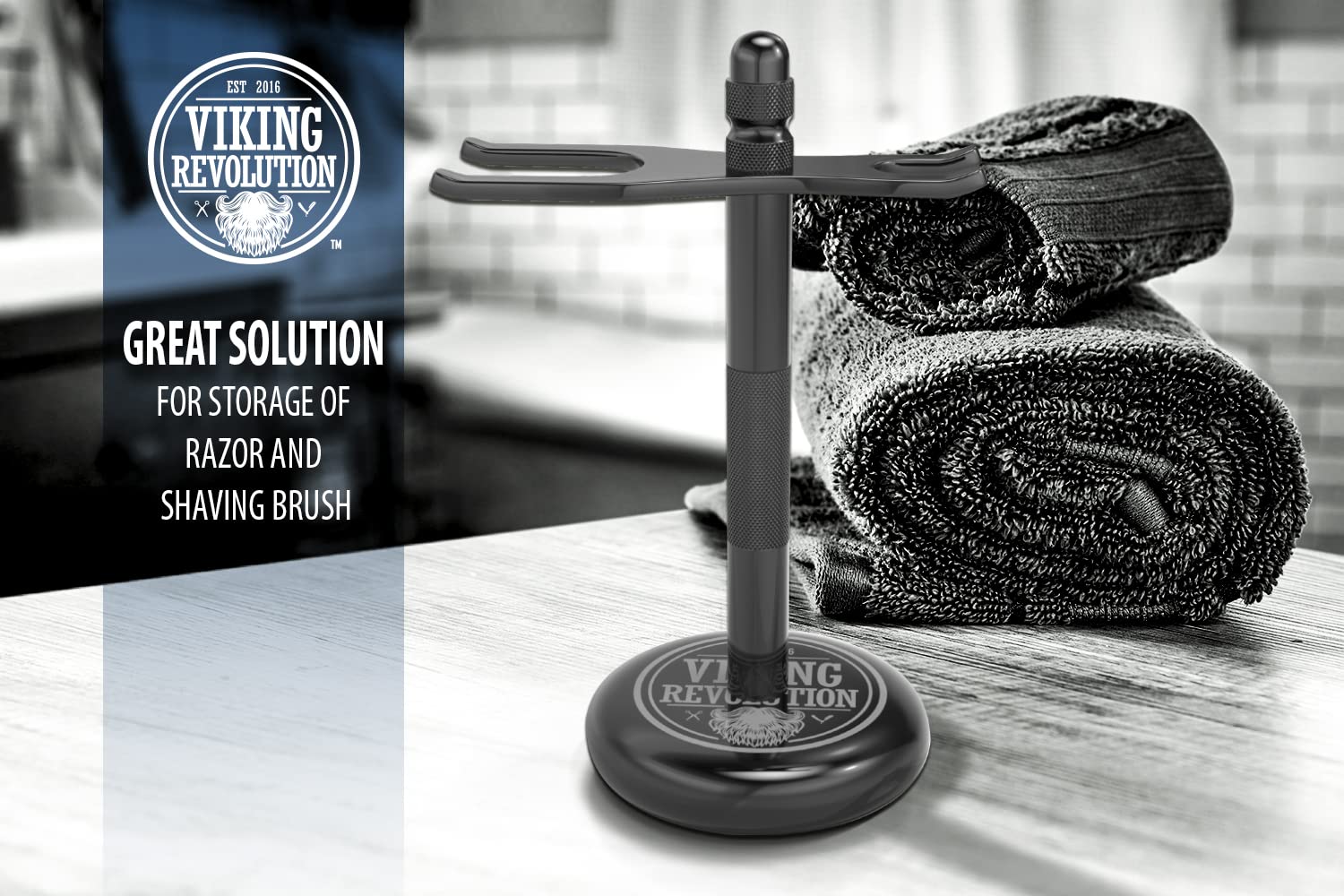 Viking Revolution black shaving setup on bathroom shelf demonstrates organized grooming.
