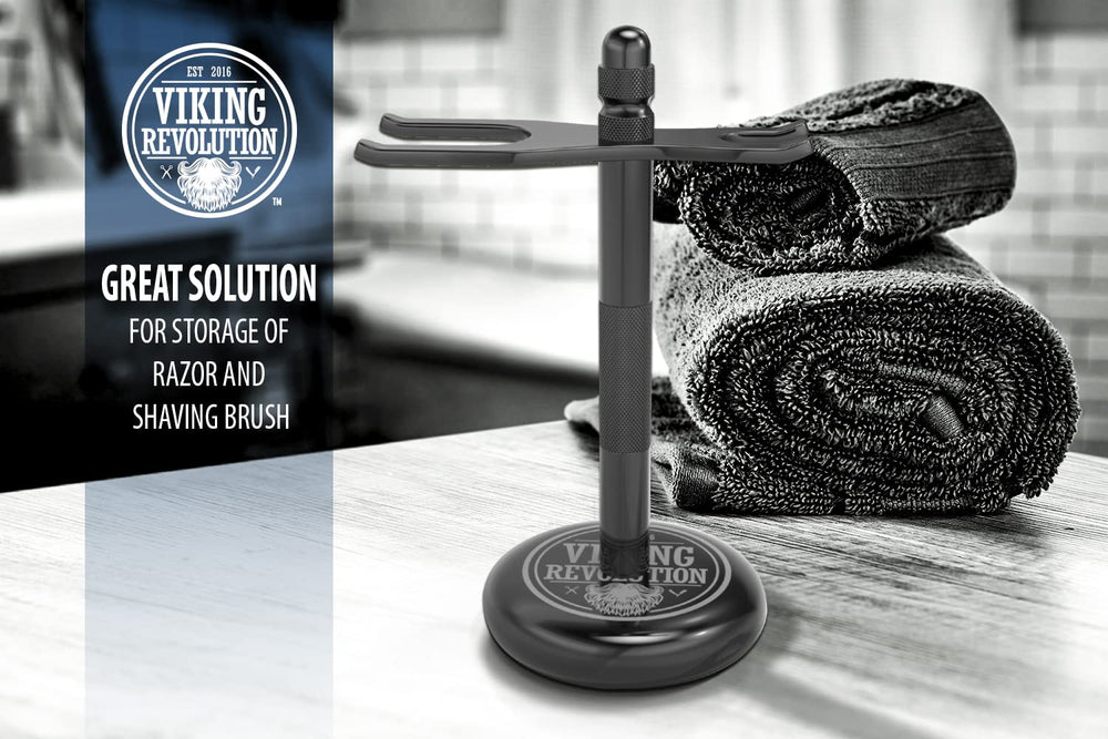 Viking Revolution black shaving setup on bathroom shelf demonstrates organized grooming.