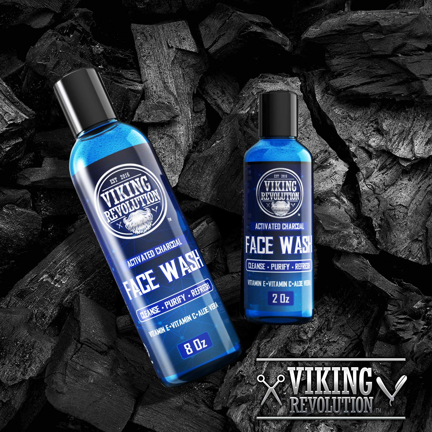 Viking Revolution charcoal face wash bottle-back highlighting natural ingredients for gentle daily cleansing
