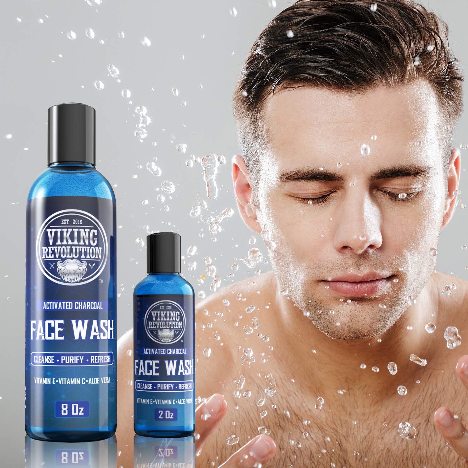 Viking Revolution charcoal face wash packaging featuring two-bottle set for value