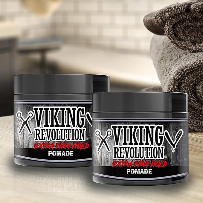 Packaging highlights castor oil and natural ingredients in Viking Revolution pomade