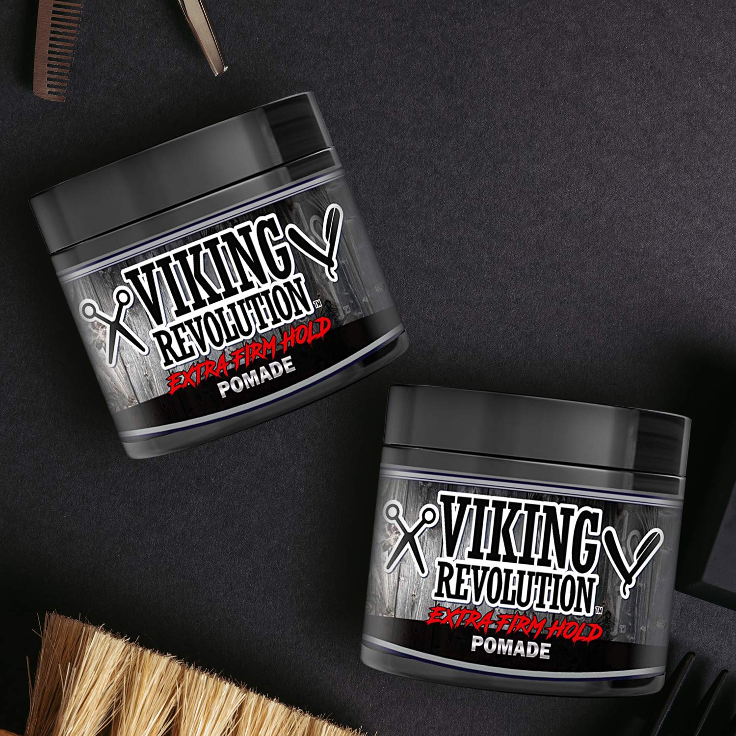 Slick back look achieved with Viking Revolution pomade for a polished hairstyle