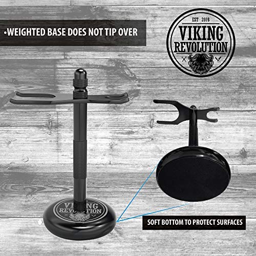 Viking Revolution razor stand closeup shows gunmetal finish and precision fit.