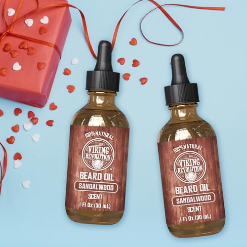 Viking Revolution sandalwood beard oil 2-pack packaging for on-the-go grooming.