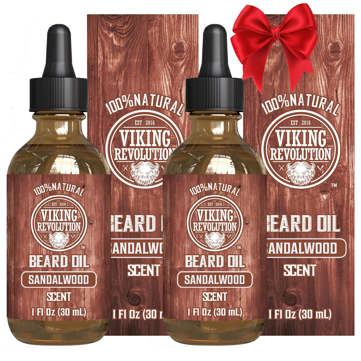 Viking Revolution sandalwood beard oil bottle conditions and softens beard.