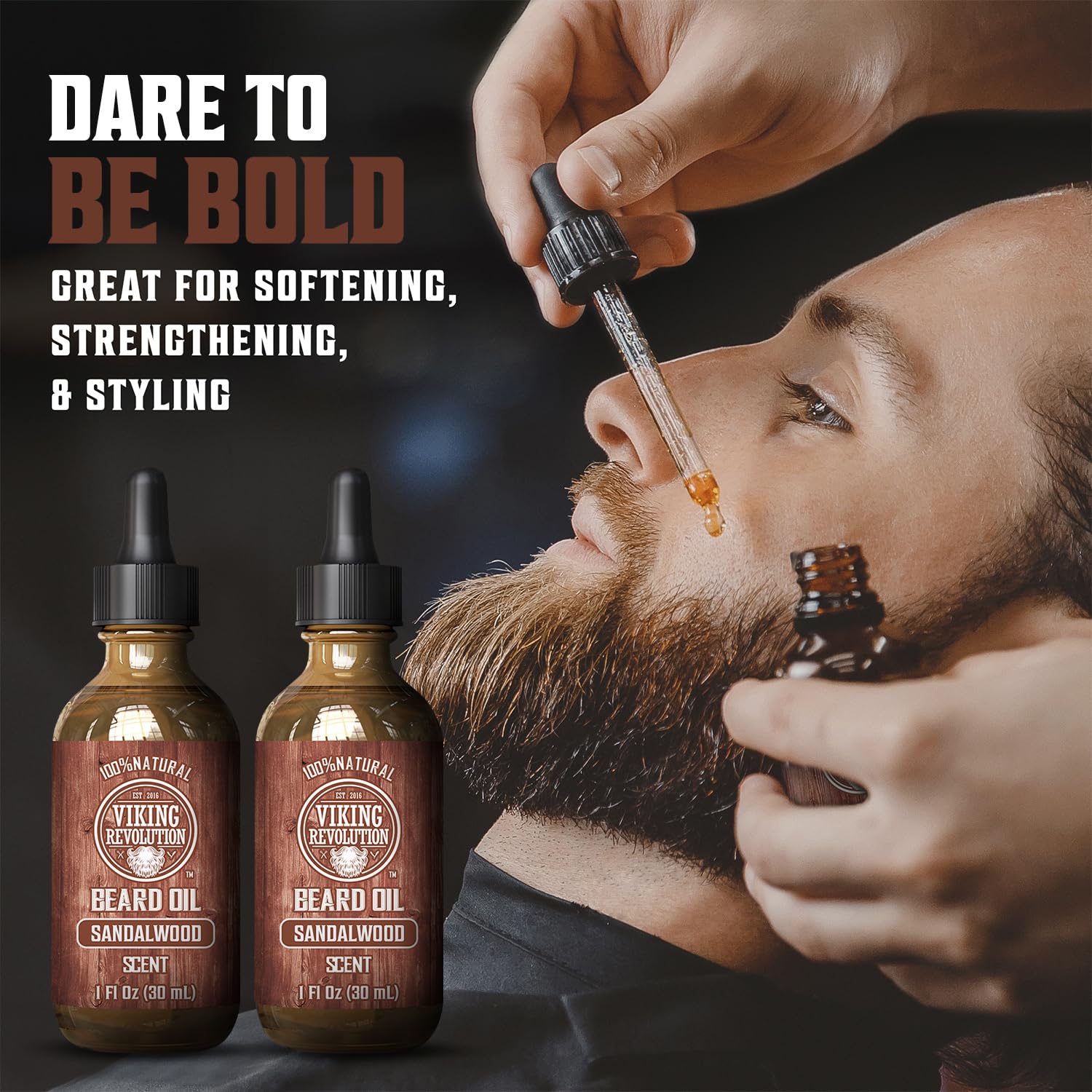 Viking Revolution sandalwood beard oil drops offer easy application and scent.
