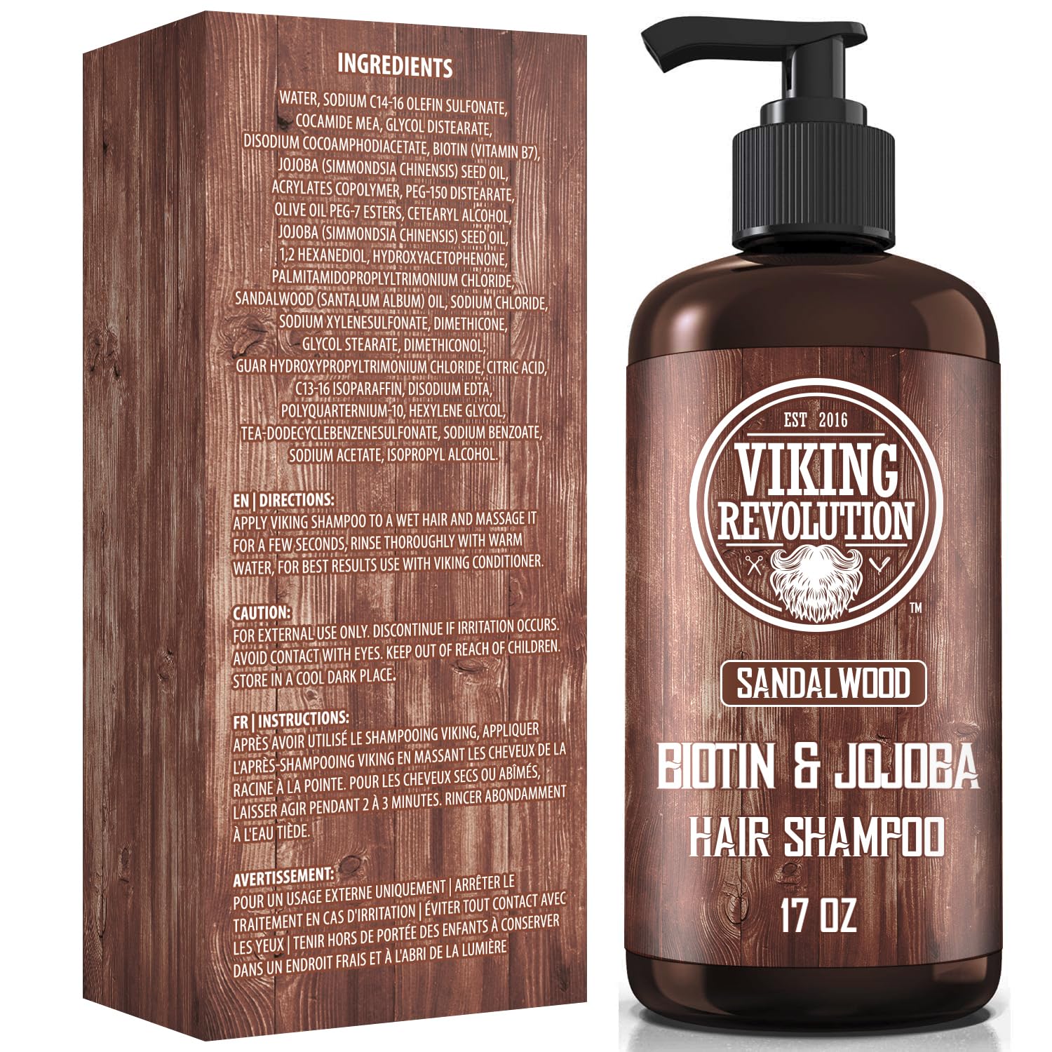 Viking Revolution sandalwood shampoo bottle shows biotin and jojoba ingredients for thinning hair.