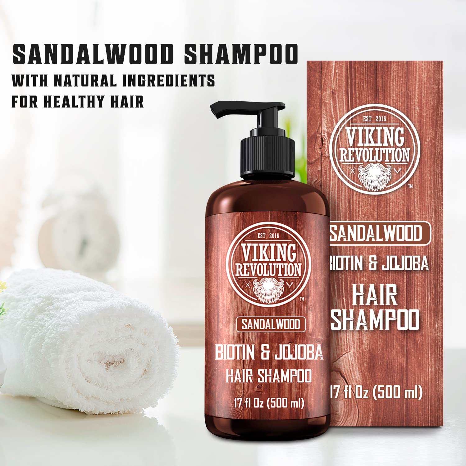Viking Revolution sandalwood shampoo on shower shelf beside color-safe formula notes.