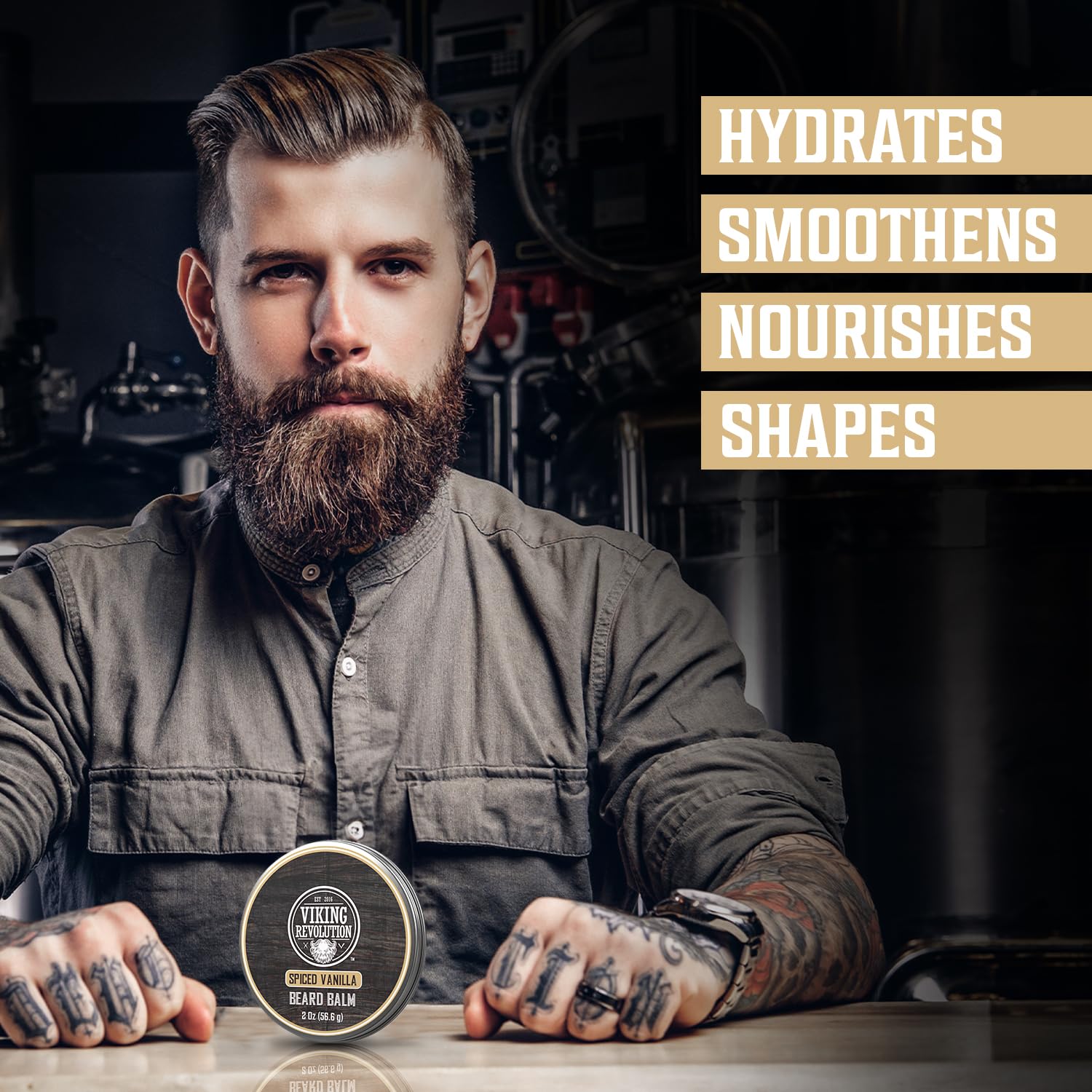 Viking Revolution Spiced Vanilla Beard Balm jar closeup highlighting nourishing texture.