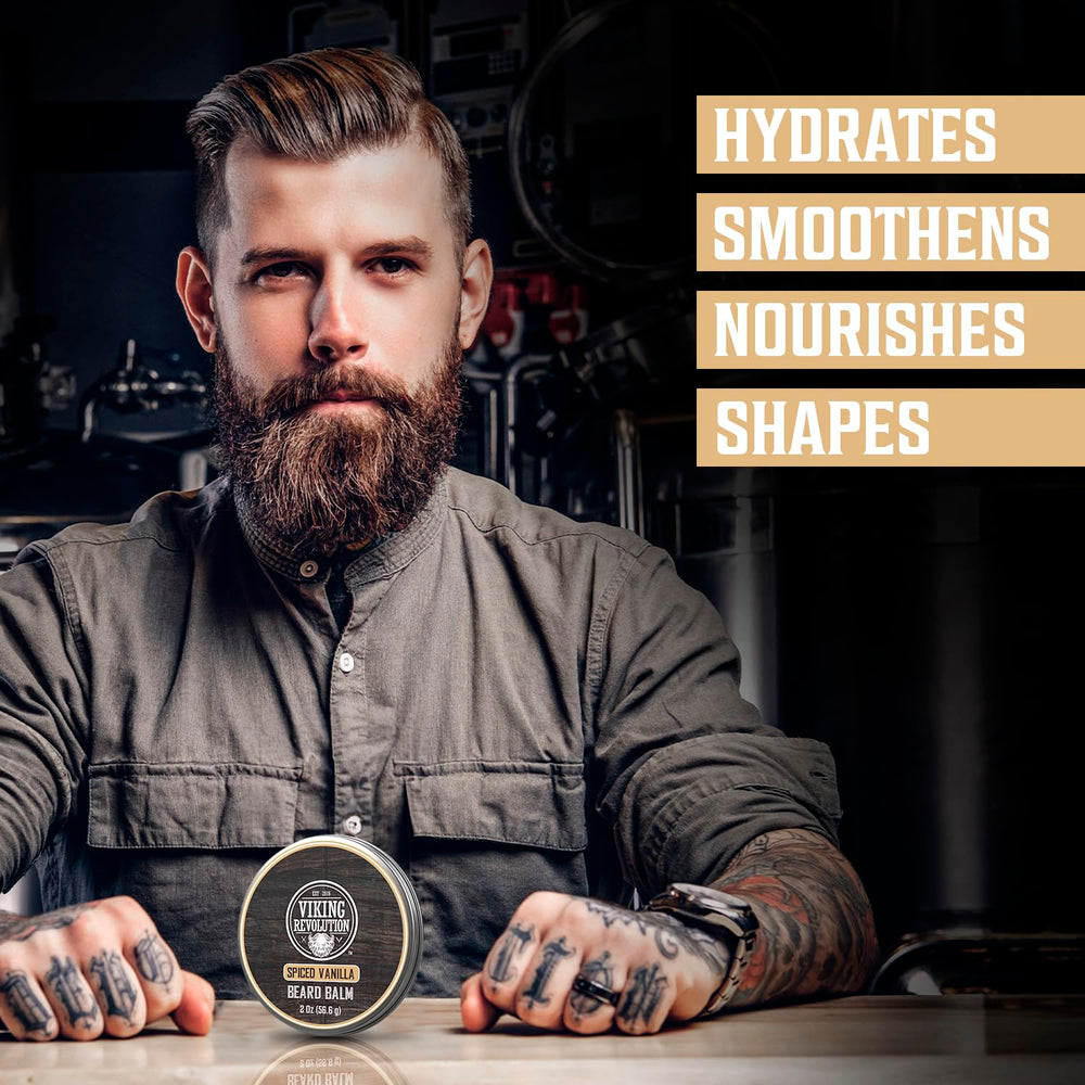 Viking Revolution Spiced Vanilla Beard Balm jar closeup highlighting nourishing texture.