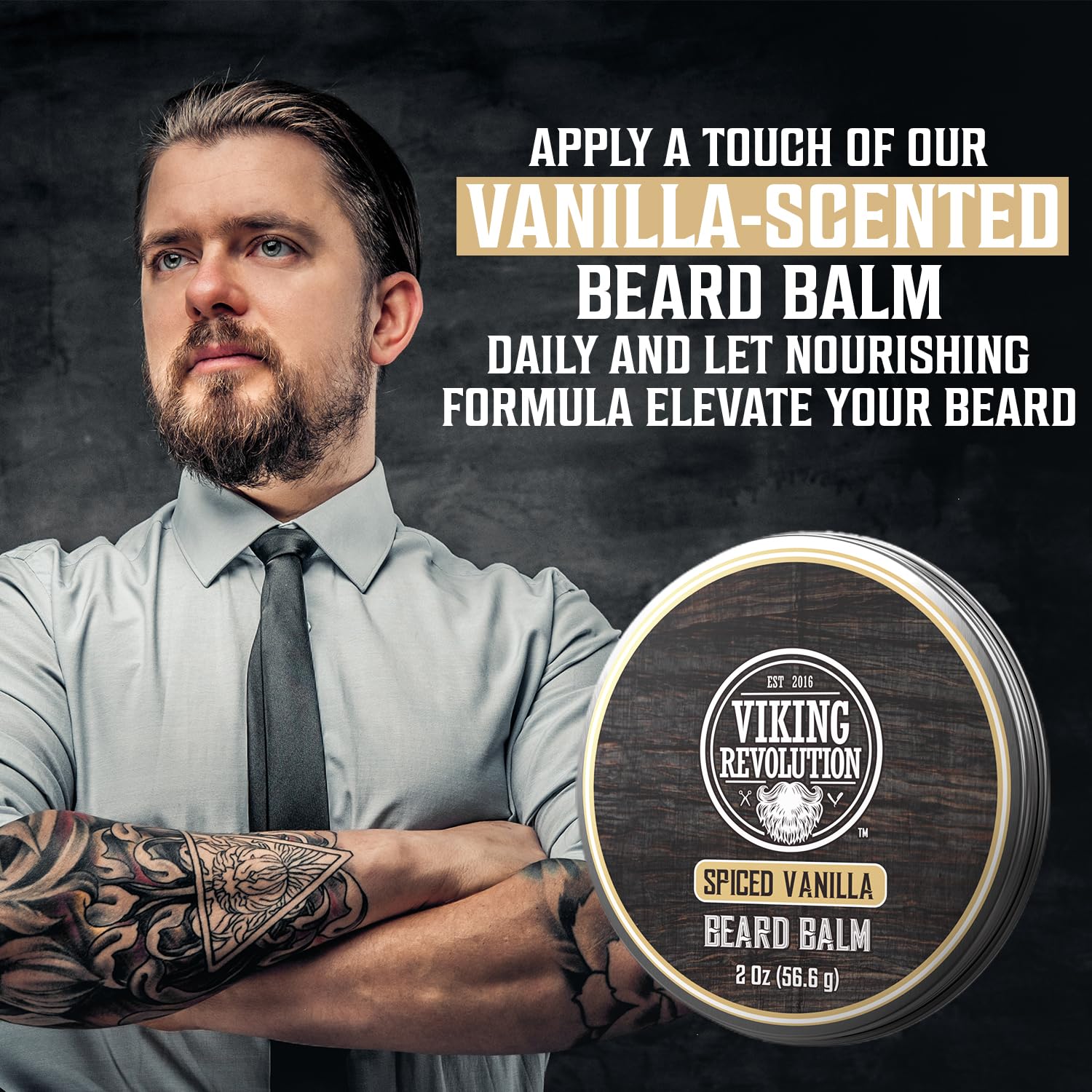 Viking Revolution Spiced Vanilla beard balm being rubbed on hands for softening prep.