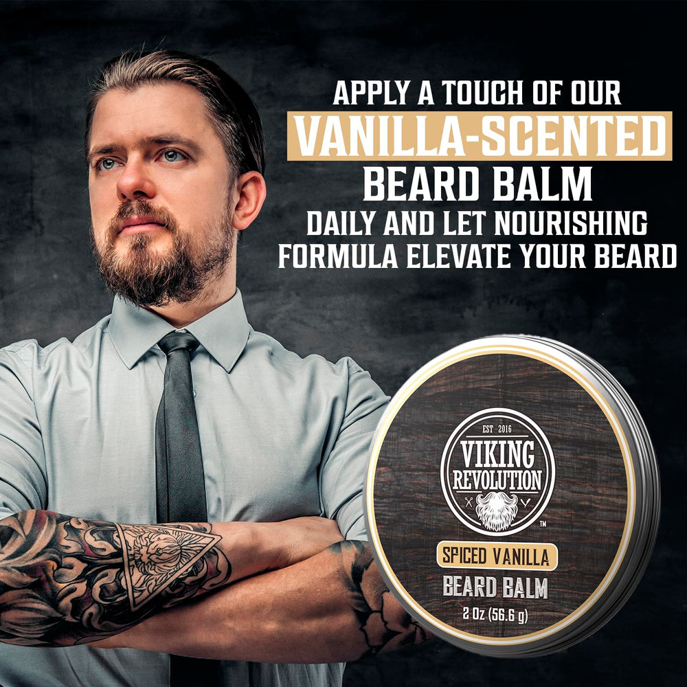 Viking Revolution Spiced Vanilla beard balm being rubbed on hands for softening prep.