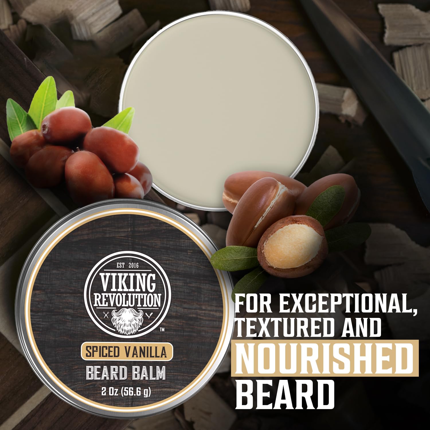 Viking Revolution Spiced Vanilla ingredients image highlights argan and jojoba oils.