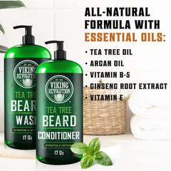 Viking Revolution Tea Tree Oil Beard Wash closeup highlights soothing cleanse for skin and beard