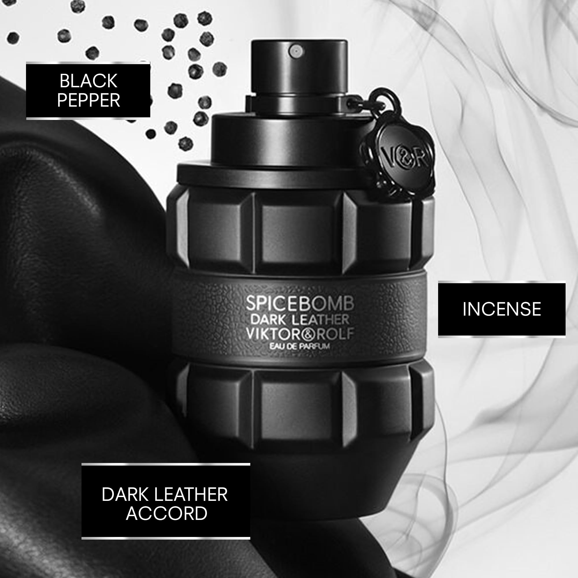 Viktor&Rolf Spicebomb Dark Leather close-up notes showcase leather and smoky woods for confident nights.
