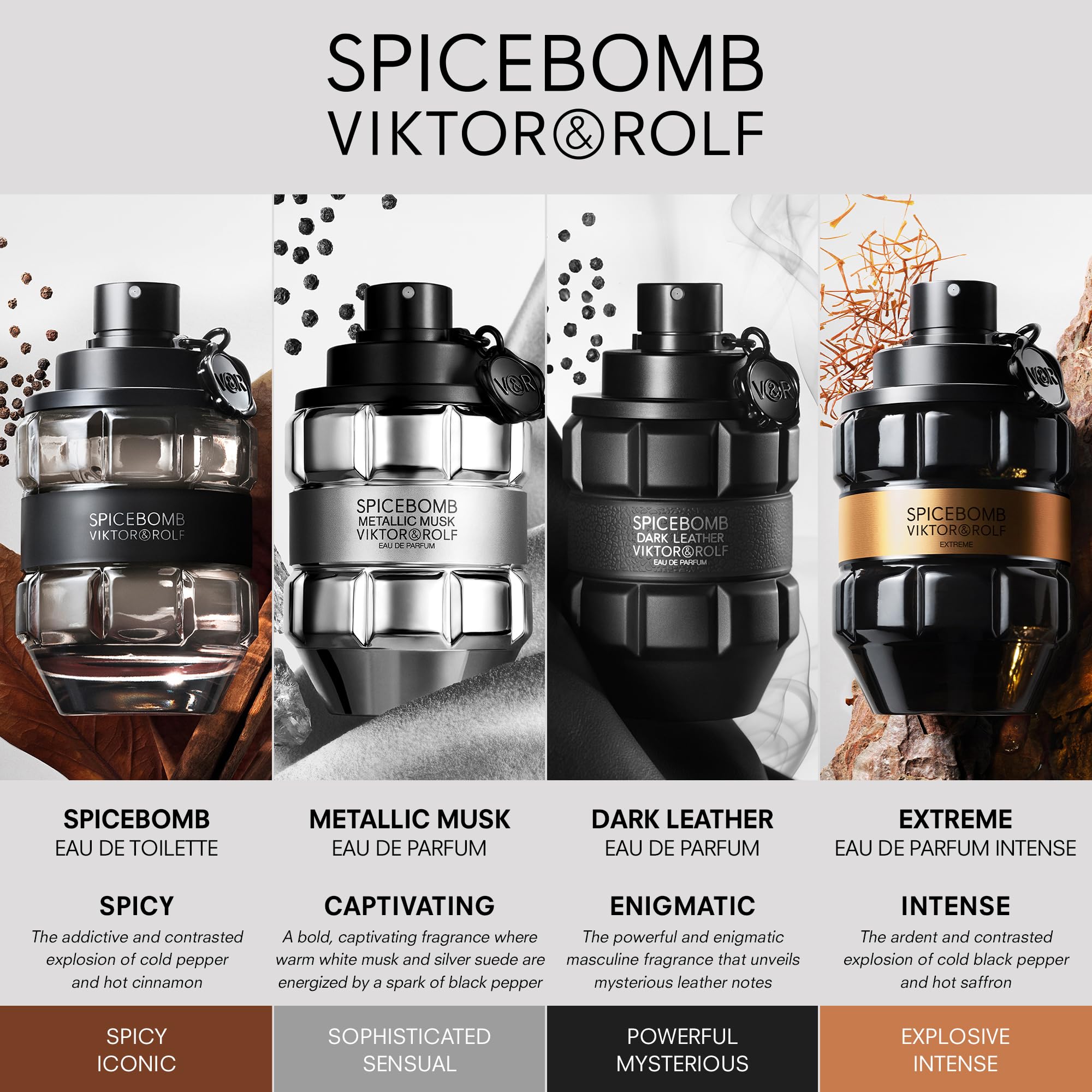 Viktor&Rolf Spicebomb Metallic Musk countertop display embodies bold fragrance presence.