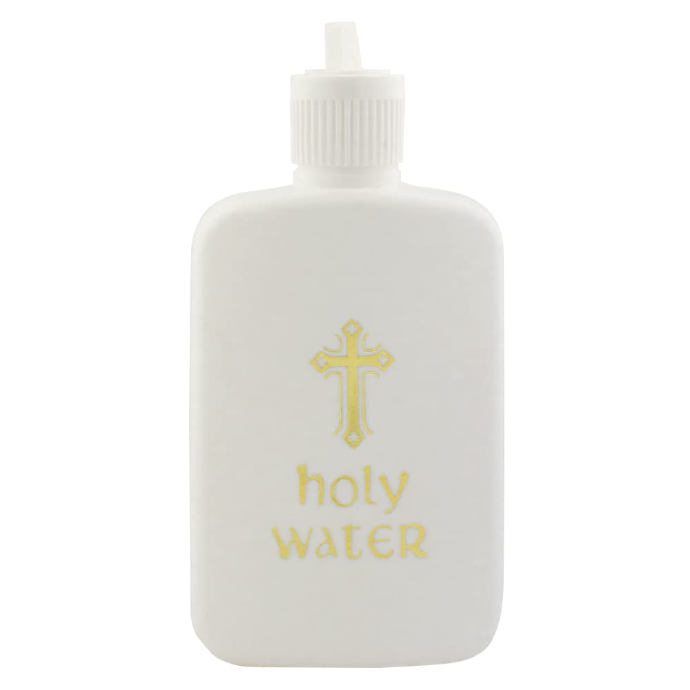 Village Gift Importers white holy water bottle front view for home blessings.