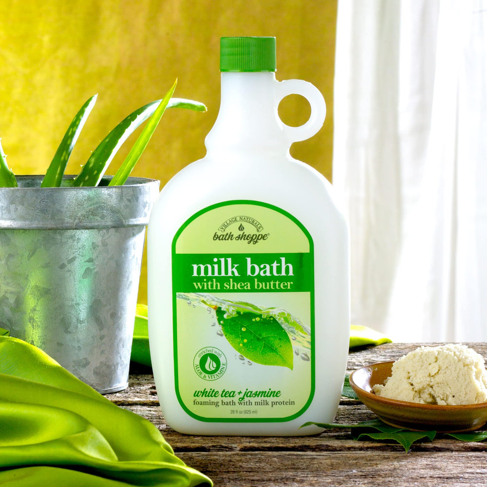 Village Naturals Bath Shoppe foam bath bubbles fill a tub for a soothing soak