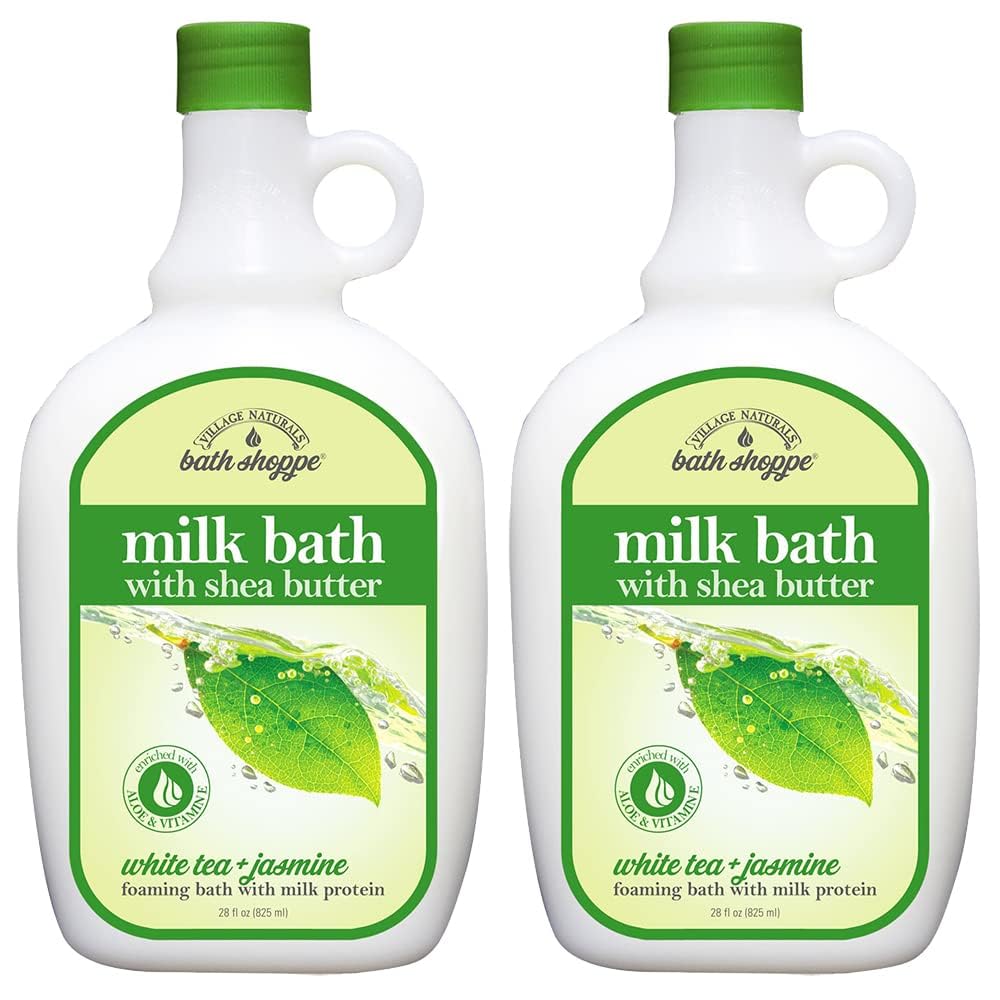 Village Naturals Bath Shoppe White Tea and Jasmine foam bath bottle pours relaxing bubbles